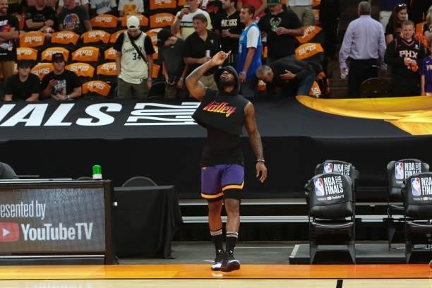 Jae Crowder of the Phoenix Suns warms up for the game against Milwaukee Bucks during Game One of the 2021 NBA Finals on July 6, 2021 at Phoenix Suns...