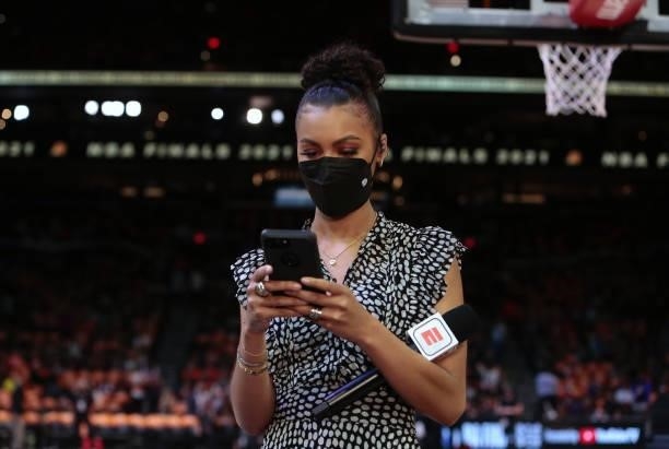 Announcer Malika Andrews prepares for the game of the Milwaukee Bucks against the Phoenix Suns during Game One of the 2021 NBA Finals on July 6, 2021...