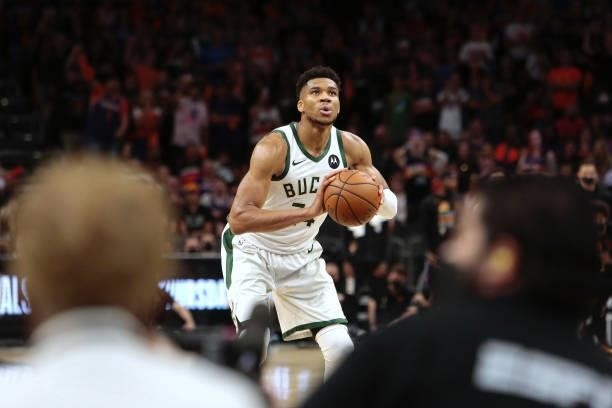 Giannis Antetokounmpo of the Milwaukee Bucks shoots a free-throw against the Phoenix Suns during Game One of the 2021 NBA Finals on July 6, 2021 at...