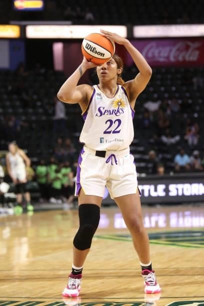 Arella Guirantes of the Los Angeles Sparks shoots the ball against the Seattle Storm on July 7, 2021 at the Angel of the Winds Arena, in Everett,...