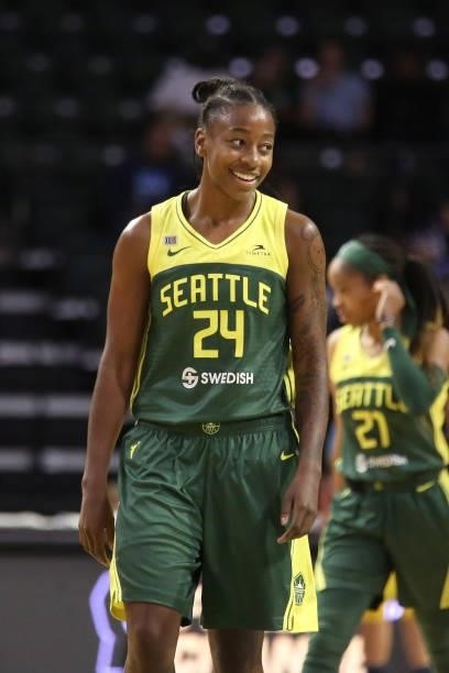 Jewell Loyd of the Seattle Storm smiles during the game against the Los Angeles Sparks on July 7, 2021 at the Angel of the Winds Arena, in Everett,...