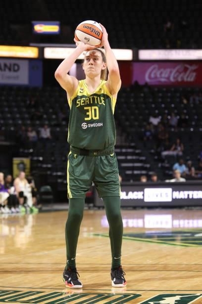 Breanna Stewart of the Seattle Storm shoots the ball against the Los Angeles Sparks on July 7, 2021 at the Angel of the Winds Arena, in Everett,...