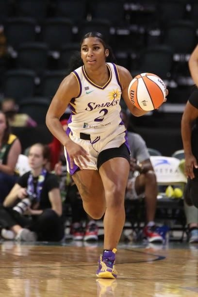 Te'a Cooper of the Los Angeles Sparks handles the ball against the Seattle Storm on July 7, 2021 at the Angel of the Winds Arena, in Everett,...