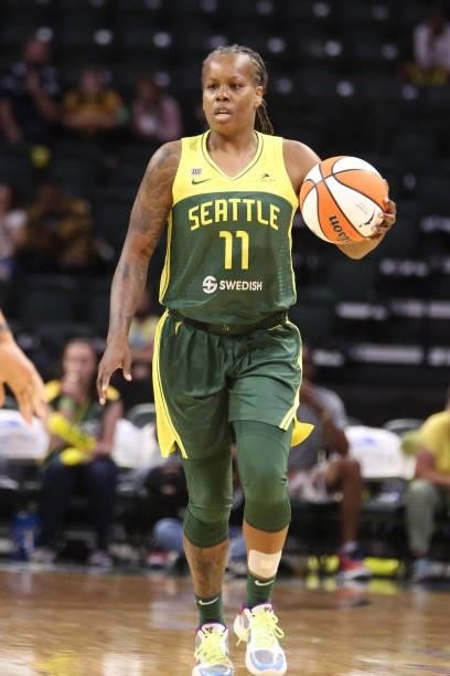 Epiphanny Prince of the Seattle Storm handles the ball against the Los Angeles Sparks on July 7, 2021 at the Angel of the Winds Arena, in Everett,...