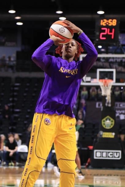 Bria Holmes of the Los Angeles Sparks warms up before the game against the Seattle Storm on July 7, 2021 at the Angel of the Winds Arena, in Everett,...