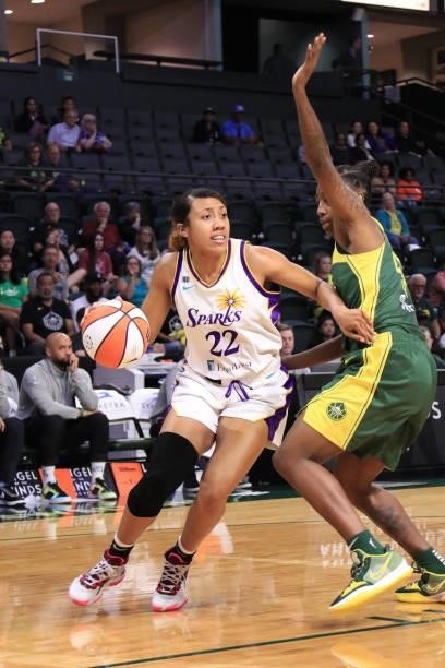 Arella Guirantes of the Los Angeles Sparks drives to the basket against the Seattle Storm on July 7, 2021 at the Angel of the Winds Arena, in...