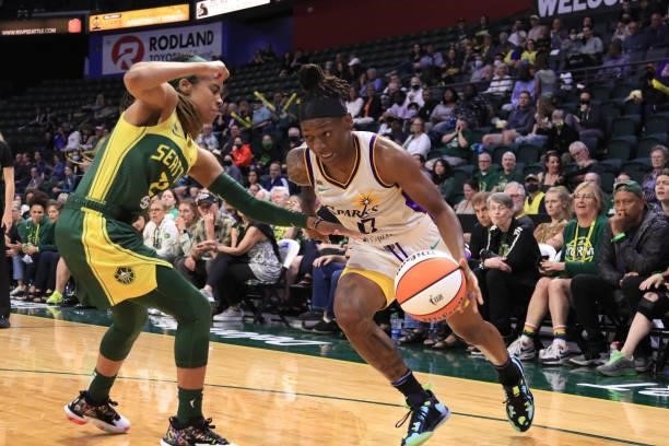 Erica Wheeler of the Los Angeles Sparks drives to the basket against the Seattle Storm on July 7, 2021 at the Angel of the Winds Arena, in Everett,...
