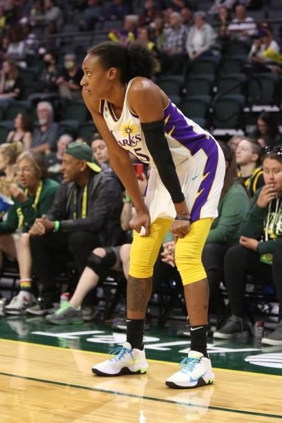 Brittney Sykes of the Los Angeles Sparks looks on during the game against the Seattle Storm on July 7, 2021 at the Angel of the Winds Arena, in...