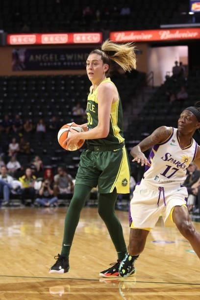 Breanna Stewart of the Seattle Storm handles the ball against the Los Angeles Sparks on July 7, 2021 at the Angel of the Winds Arena, in Everett,...