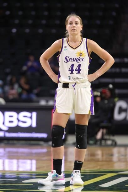 Karlie Samuelson of the Los Angeles Sparks looks on during the game against the Seattle Storm on July 7, 2021 at the Angel of the Winds Arena, in...