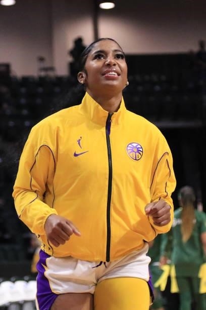 Te'a Cooper of the Los Angeles Sparks looks on before the game against the Seattle Storm on July 7, 2021 at the Angel of the Winds Arena, in Everett,...