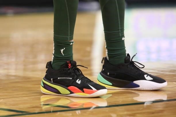 The sneakers worn by Breanna Stewart of the Seattle Storm during the game against the Los Angeles Sparks on July 7, 2021 at the Angel of the Winds...