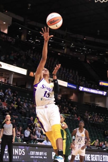 Brittney Sykes of the Los Angeles Sparks shoots the ball against the Seattle Storm on July 7, 2021 at the Angel of the Winds Arena, in Everett,...