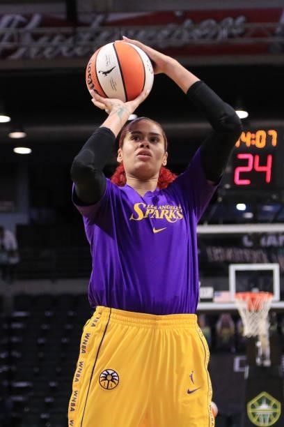 Amanda Zahui B of the Los Angeles Sparks warms up before the game against the Seattle Storm on July 7, 2021 at the Angel of the Winds Arena, in...