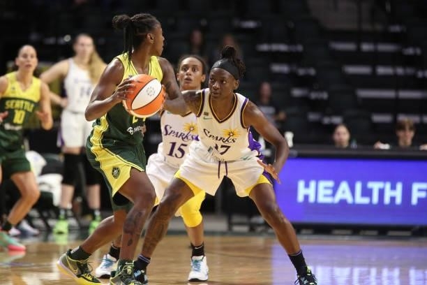 Erica Wheeler of the Los Angeles Sparks plays defense against the Seattle Storm on July 7, 2021 at the Angel of the Winds Arena, in Everett,...