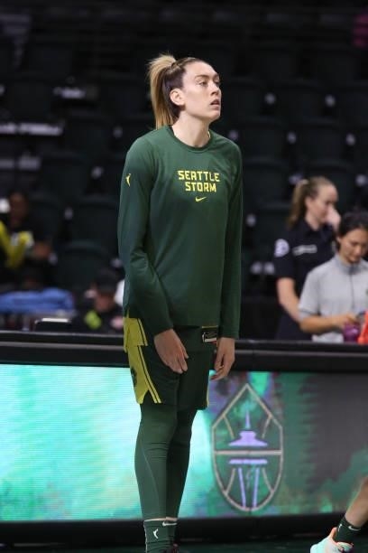 Breanna Stewart of the Seattle Storm looks on before the game against the Los Angeles Sparks on July 7, 2021 at the Angel of the Winds Arena, in...