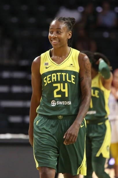 Jewell Loyd of the Seattle Storm smiles during the game against the Los Angeles Sparks on July 7, 2021 at the Angel of the Winds Arena, in Everett,...