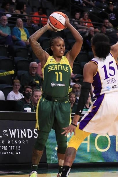 Epiphanny Prince of the Seattle Storm looks to pass the ball against the Los Angeles Sparks on July 7, 2021 at the Angel of the Winds Arena, in...