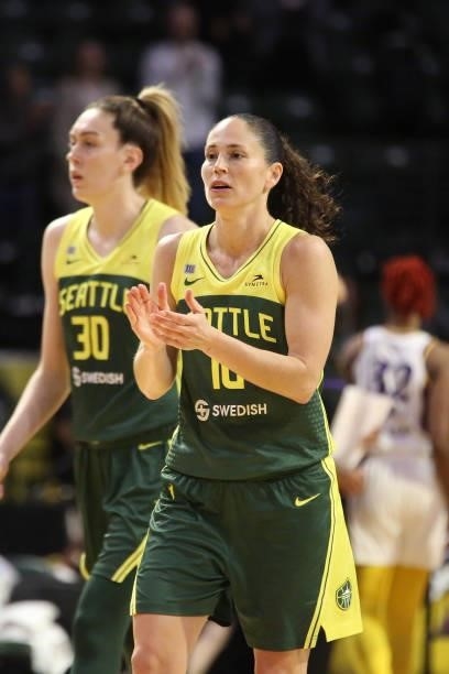Sue Bird of the Seattle Storm claps during the game against the Los Angeles Sparks on July 7, 2021 at the Angel of the Winds Arena, in Everett,...