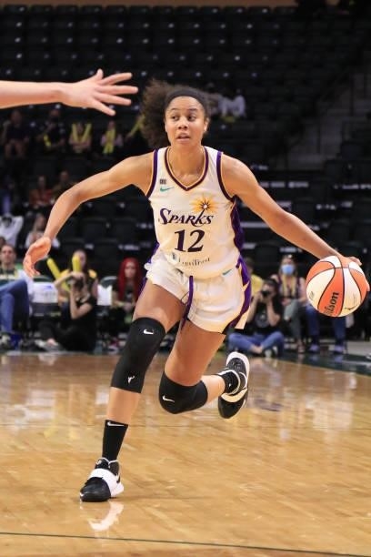 Nia Coffey of the Los Angeles Sparks handles the ball against the Seattle Storm on July 7, 2021 at the Angel of the Winds Arena, in Everett,...