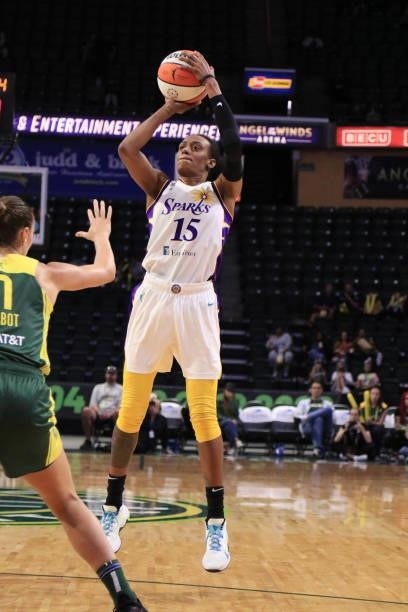 Brittney Sykes of the Los Angeles Sparks shoots the ball against the Seattle Storm on July 7, 2021 at the Angel of the Winds Arena, in Everett,...