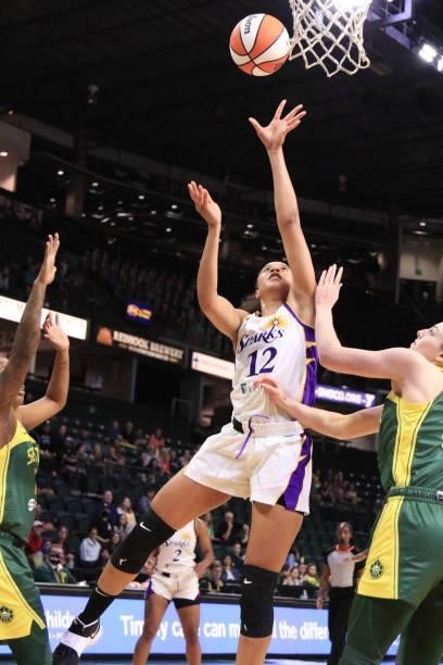 Nia Coffey of the Los Angeles Sparks shoots the ball against the Seattle Storm on July 7, 2021 at the Angel of the Winds Arena, in Everett,...