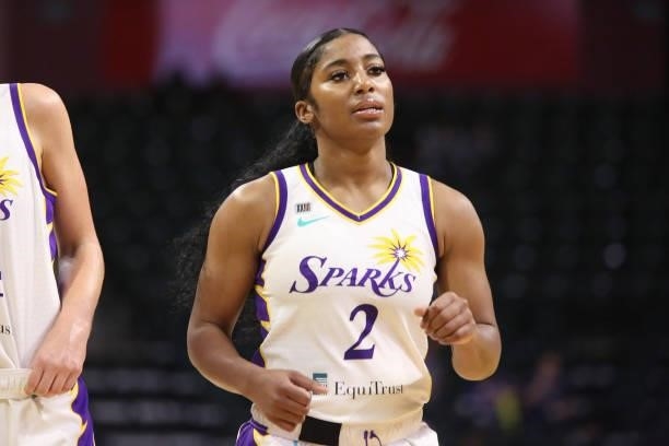 Te'a Cooper of the Los Angeles Sparks looks on during the game against the Seattle Storm on July 7, 2021 at the Angel of the Winds Arena, in Everett,...