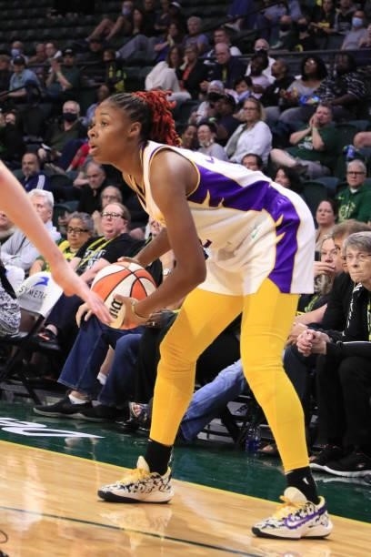 Bria Holmes of the Los Angeles Sparks looks to pass the ball against the Seattle Storm on July 7, 2021 at the Angel of the Winds Arena, in Everett,...