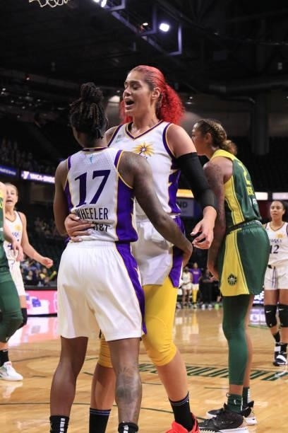 Amanda Zahui B of the Los Angeles Sparks reacts to a play during the game against the Seattle Storm on July 7, 2021 at the Angel of the Winds Arena,...