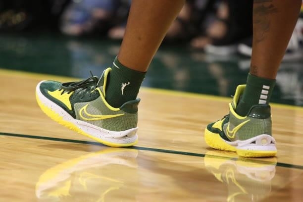 The sneakers worn by Jewell Loyd of the Seattle Storm during the game against the Los Angeles Sparks on July 7, 2021 at the Angel of the Winds Arena,...