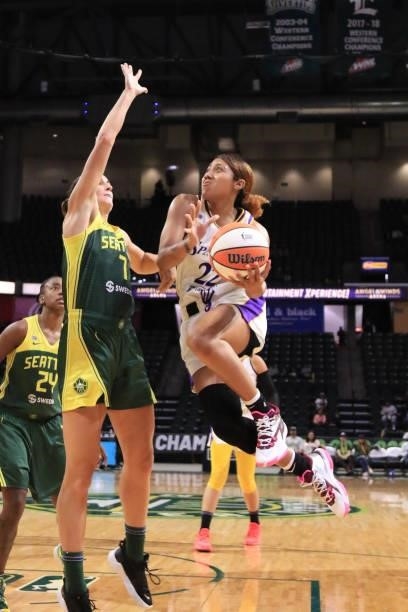 Arella Guirantes of the Los Angeles Sparks drives to the basket against the Seattle Storm on July 7, 2021 at the Angel of the Winds Arena, in...