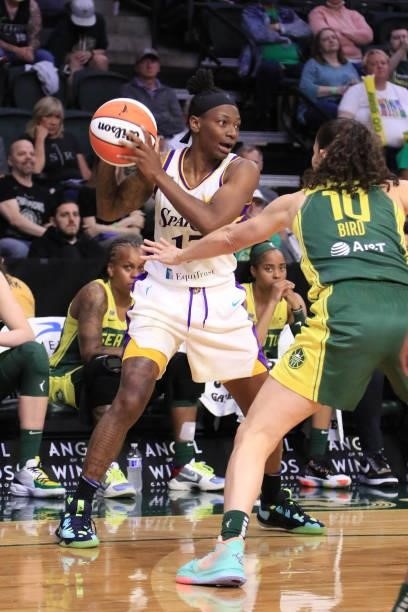 Erica Wheeler of the Los Angeles Sparks handles the ball against the Seattle Storm on July 7, 2021 at the Angel of the Winds Arena, in Everett,...
