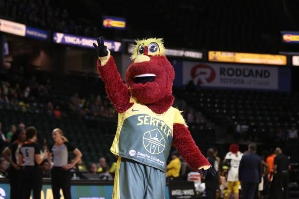 The Seattle Storm mascot waves to the crowd during the game against the Los Angeles Sparks on July 7, 2021 at the Angel of the Winds Arena, in...