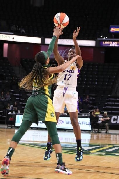 Erica Wheeler of the Los Angeles Sparks shoots the ball against the Seattle Storm on July 7, 2021 at the Angel of the Winds Arena, in Everett,...