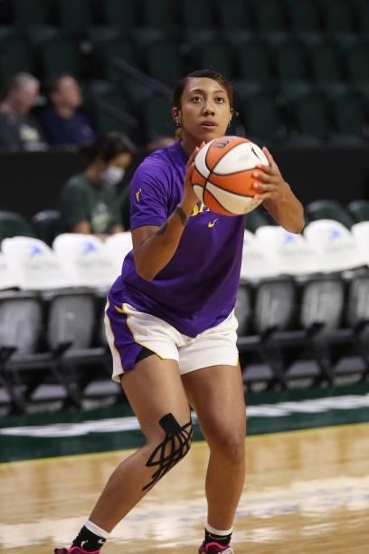 Arella Guirantes of the Los Angeles Sparks warms up before the game against the Seattle Storm on July 7, 2021 at the Angel of the Winds Arena, in...