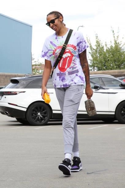 Mercedes Russell of the Seattle Storm arrives to the game against the Los Angeles Sparks on July 7, 2021 at the Angel of the Winds Arena, in Everett,...