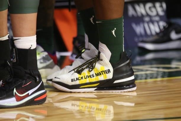 The sneakers worn by Ezi Magbegor of the Seattle Storm during the game against the Los Angeles Sparks on July 7, 2021 at the Angel of the Winds...