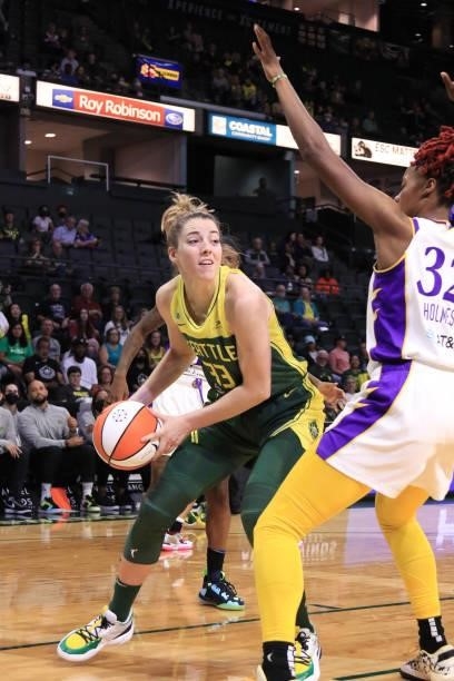 Katie Lou Samuelson of the Seattle Storm handles the ball against the Los Angeles Sparks on July 7, 2021 at the Angel of the Winds Arena, in Everett,...
