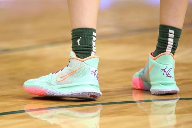 The sneakers worn by Sue Bird of the Seattle Storm during the game against the Los Angeles Sparks on July 7, 2021 at the Angel of the Winds Arena, in...