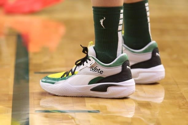 The sneakers worn by Katie Lou Samuelson of the Seattle Storm during the game against the Los Angeles Sparks on July 7, 2021 at the Angel of the...