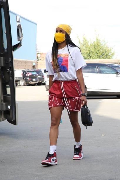 Jordin Canada of the Seattle Storm arrives to the game against the Los Angeles Sparks on July 7, 2021 at the Angel of the Winds Arena, in Everett,...