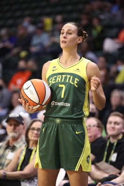 Stephanie Talbot of the Seattle Storm looks on during the game against the Los Angeles Sparks on July 7, 2021 at the Angel of the Winds Arena, in...