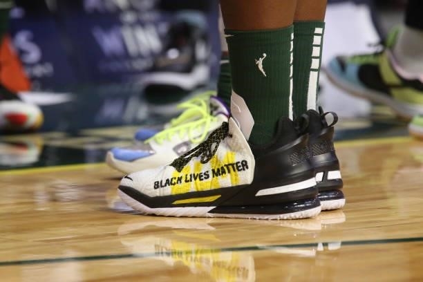 The sneakers worn by Ezi Magbegor of the Seattle Storm during the game against the Los Angeles Sparks on July 7, 2021 at the Angel of the Winds...