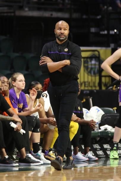 Head Coach, Derek Fisher of the Los Angeles Sparks looks on during the game against the Seattle Storm on July 7, 2021 at the Angel of the Winds...