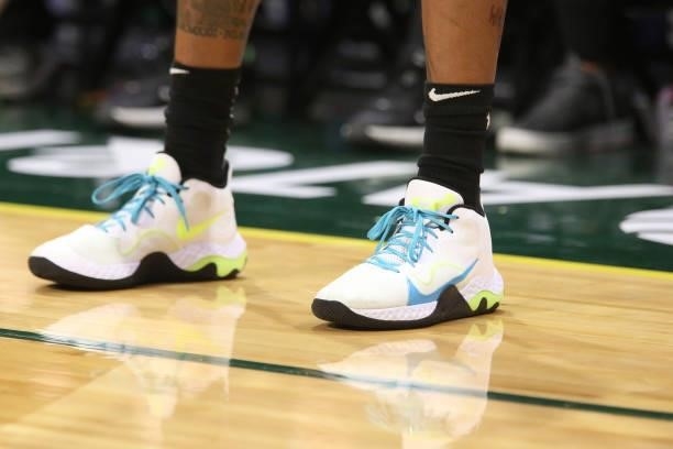 The sneakers worn by Brittney Sykes of the Los Angeles Sparks during the game against the Seattle Storm on July 7, 2021 at the Angel of the Winds...