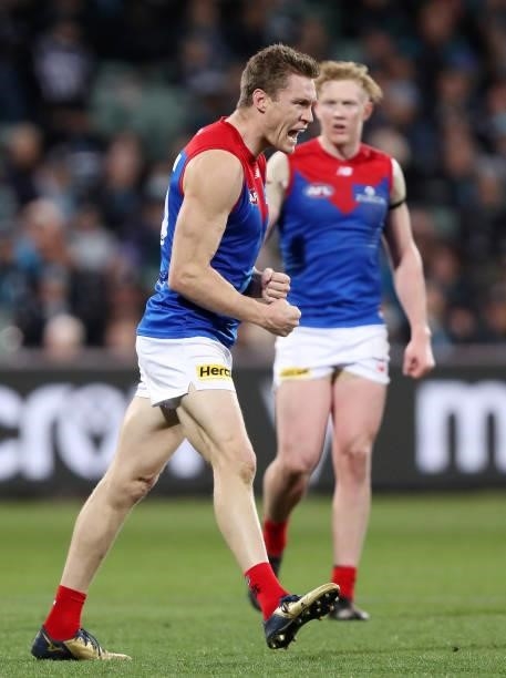 Tom McDonald of the Demons celebrates a goal during the 2021 AFL Round 17 match between the Port Adelaide Power and the Melbourne Demons at Adelaide...