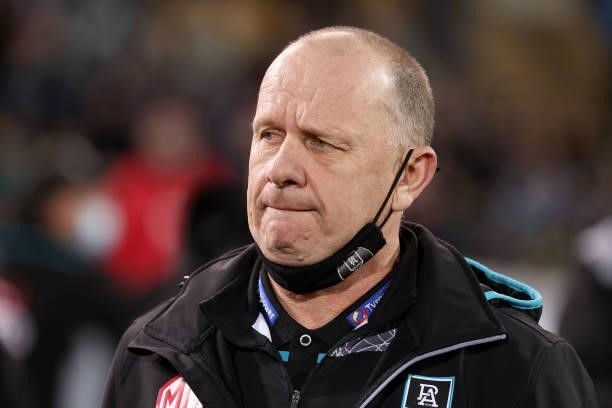 Ken Hinkley, Senior Coach of the Power during the 2021 AFL Round 17 match between the Port Adelaide Power and the Melbourne Demons at Adelaide Oval...