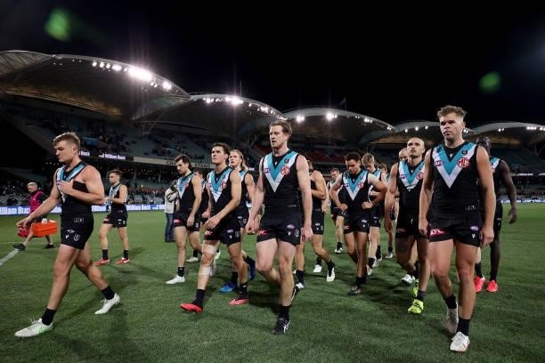The Power after their loss during the 2021 AFL Round 17 match between the Port Adelaide Power and the Melbourne Demons at Adelaide Oval on July 8,...