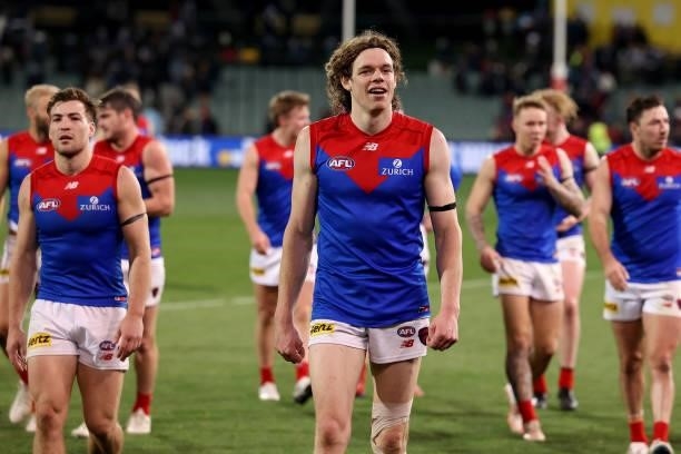 Ben Brown of the Demons celebrates their win during the 2021 AFL Round 17 match between the Port Adelaide Power and the Melbourne Demons at Adelaide...