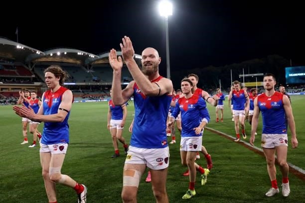 Max Gawn of the Demons celebrates their win during the 2021 AFL Round 17 match between the Port Adelaide Power and the Melbourne Demons at Adelaide...